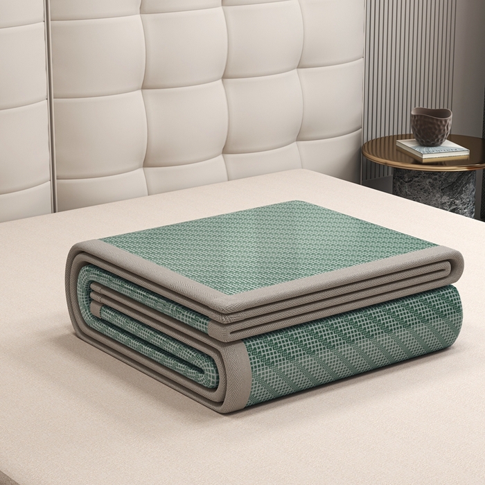 91家纺网 家纺一手货源 找家纺 欧邦 2025春夏新款水某星同款斜纹提花冰丝席三件套 凉席款-松绿