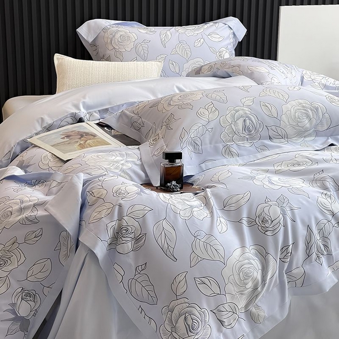 91家纺网 家纺一手货源 找家纺 2025新款夏季热款A类母婴级数码印花全棉四件套高端纯棉被套长绒棉床单床笠床上用品 沐熙-蓝