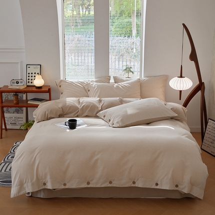 91家纺网 家纺一手货源 找家纺 （总）yyds网供 2025新款A类条纹纽扣款无印风四件套非全棉纯棉日式水洗棉三件套