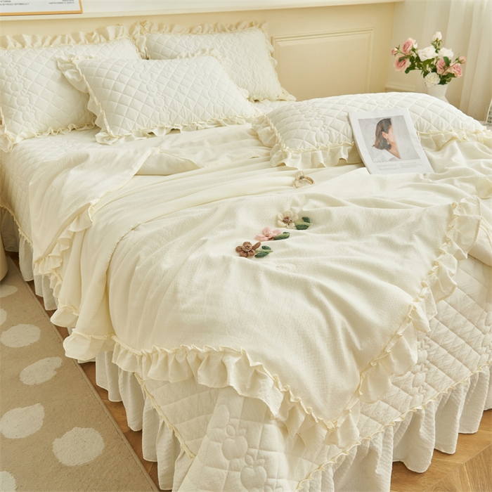 91家纺网 家纺一手货源 找家纺 恒爱家纺 2025新款A类泡泡纱夏被夏凉被空调被四件套-杜鹃 象牙白