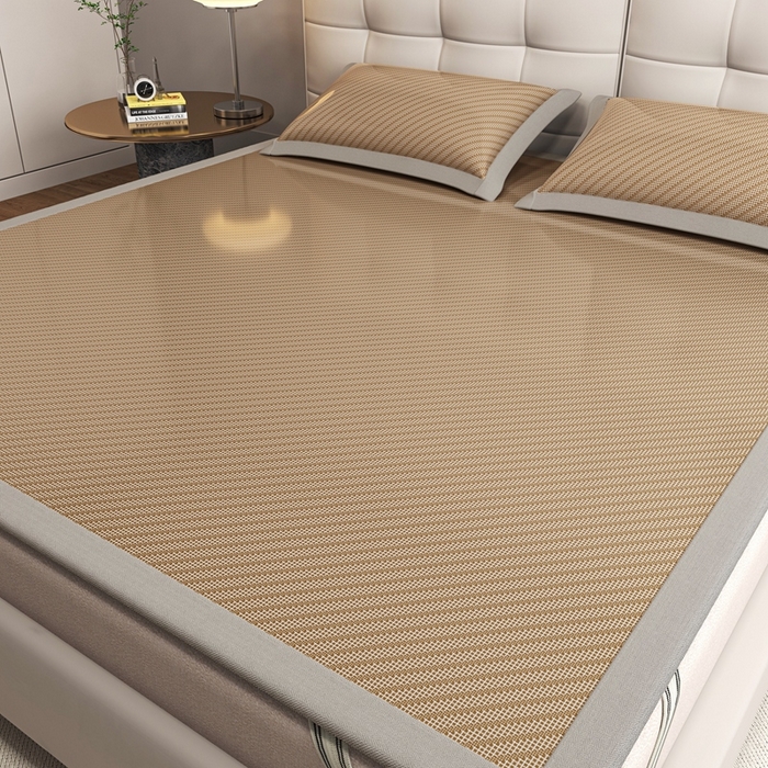 91家纺网 家纺一手货源 找家纺 欧邦 2025春夏新款水某星同款斜纹提花冰丝席三件套 凉席款-深咖