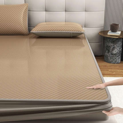 欧邦 2025春夏新款水某星同款斜纹提花冰丝席三件套 床笠款-深咖