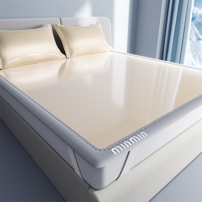 91家纺网 家纺一手货源 找家纺 星座家纺 2025新款斜纹冰丝凉席三件套-绣花款 杏仁咖