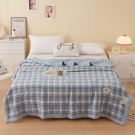 简冠家纺 2025新款水洗棉新疆棉花夏被 蓝中格