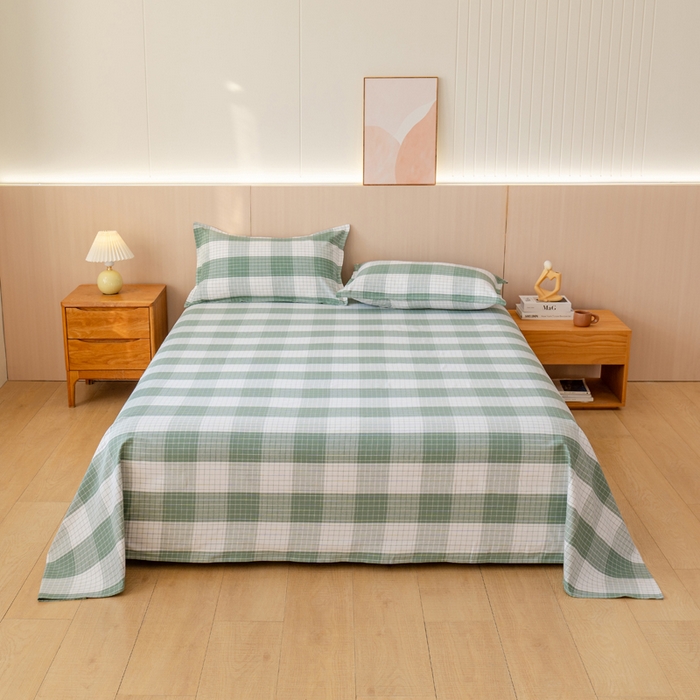 91家纺网 家纺一手货源 找家纺 居美良品 2025新款A类传统非遗手工粗布凉席三件套100%全棉色织床单 素雅- 绿格