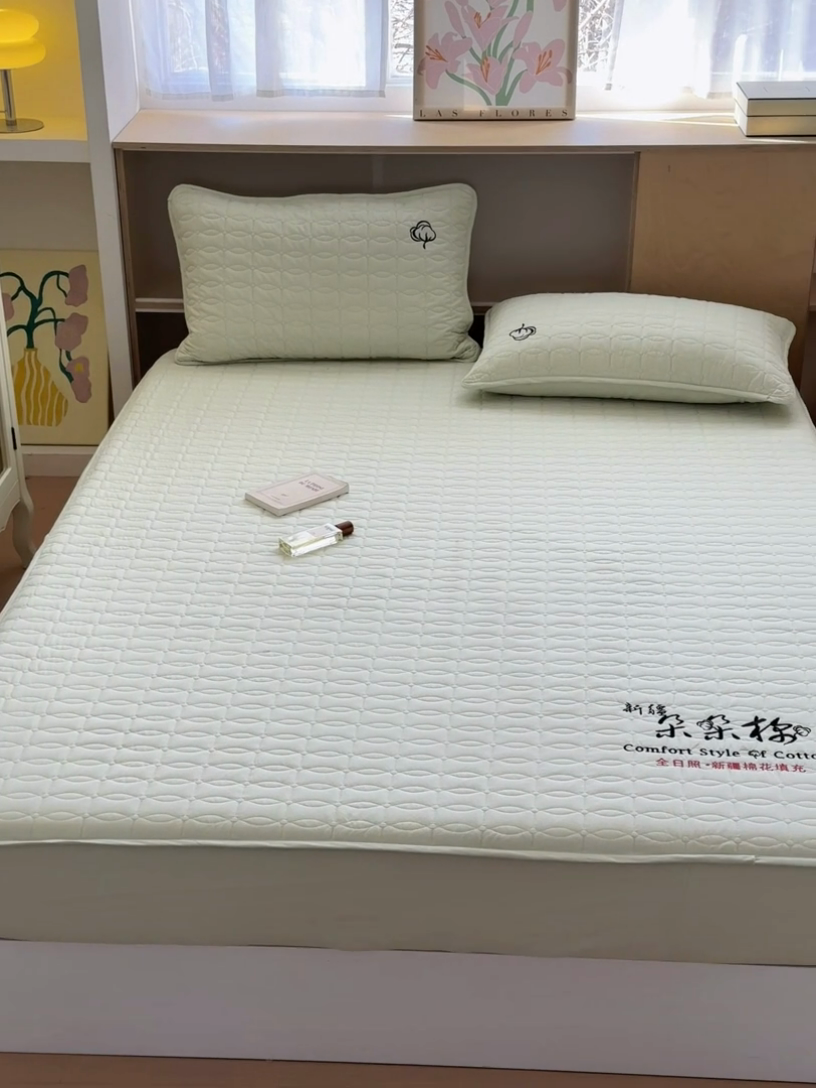 91家纺网 家纺一手货源 找家纺 云雀 2025新款A类加棉刺绣棉花床笠+盖毯 棉花盖毯-豆绿