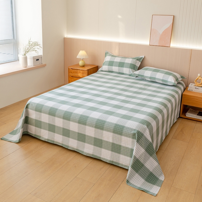 91家纺网 家纺一手货源 找家纺 居美良品 2025新款A类传统非遗手工粗布凉席三件套100%全棉色织床单 素雅- 绿格