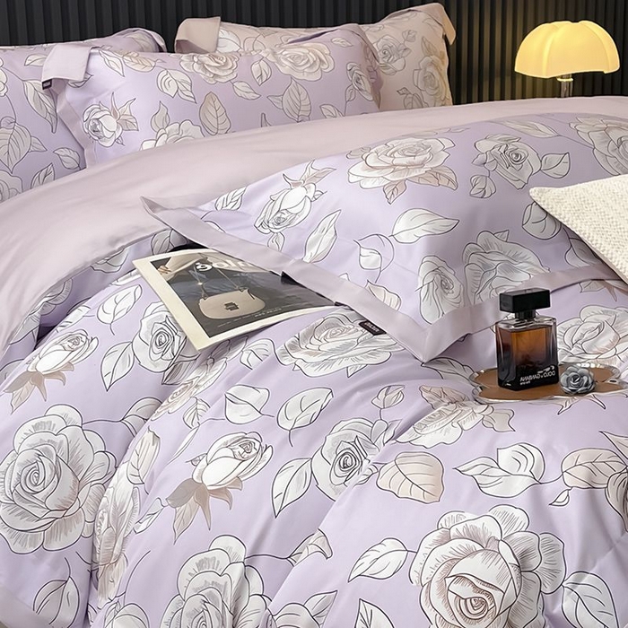 91家纺网 家纺一手货源 找家纺 2025新款夏季热款A类母婴级数码印花全棉四件套高端纯棉被套长绒棉床单床笠床上用品 沐熙-紫