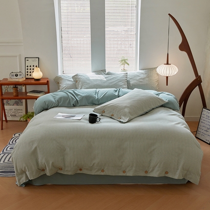 91家纺网 家纺一手货源 找家纺 yyds网供 2025新款A类条纹纽扣款无印风四件套非全棉纯棉日式水洗棉三件套 纽扣条纹-绿