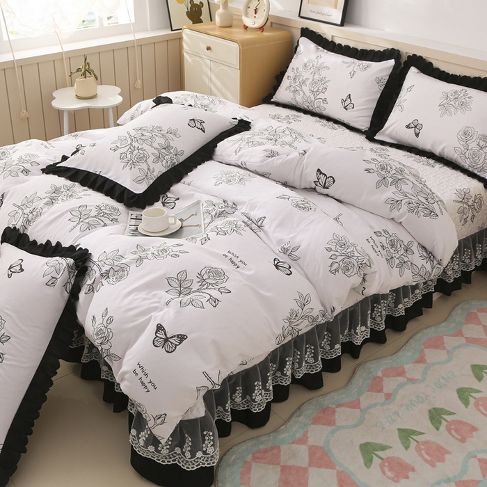 91家纺网 家纺一手货源 找家纺 铠畅  2025新款法式花边云朵棉床盖款夏被四件套 暗香