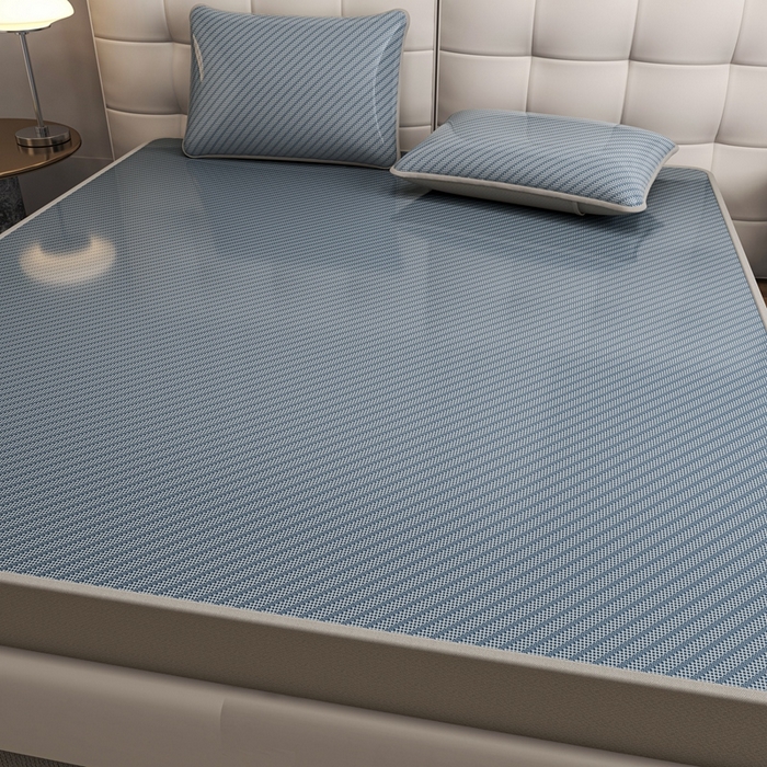 91家纺网 家纺一手货源 找家纺 欧邦 2025春夏新款水某星同款斜纹提花冰丝席三件套 床笠款-深蓝