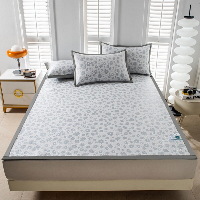 91家纺网 家纺一手货源 找家纺 尚品凤凰 2025新款凉感豆豆席提花三件套 百花争艳  蓝