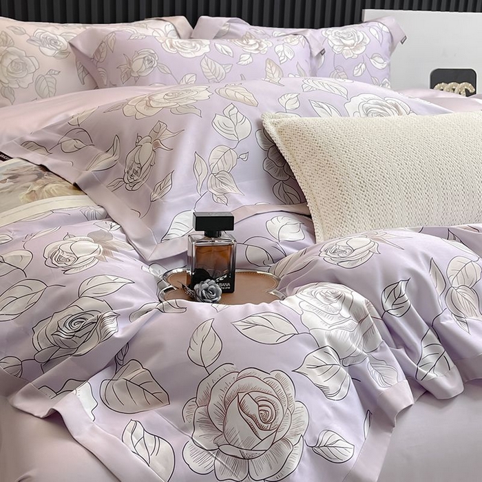 91家纺网 家纺一手货源 找家纺 2025新款夏季热款A类母婴级数码印花全棉四件套高端纯棉被套长绒棉床单床笠床上用品 沐熙-紫