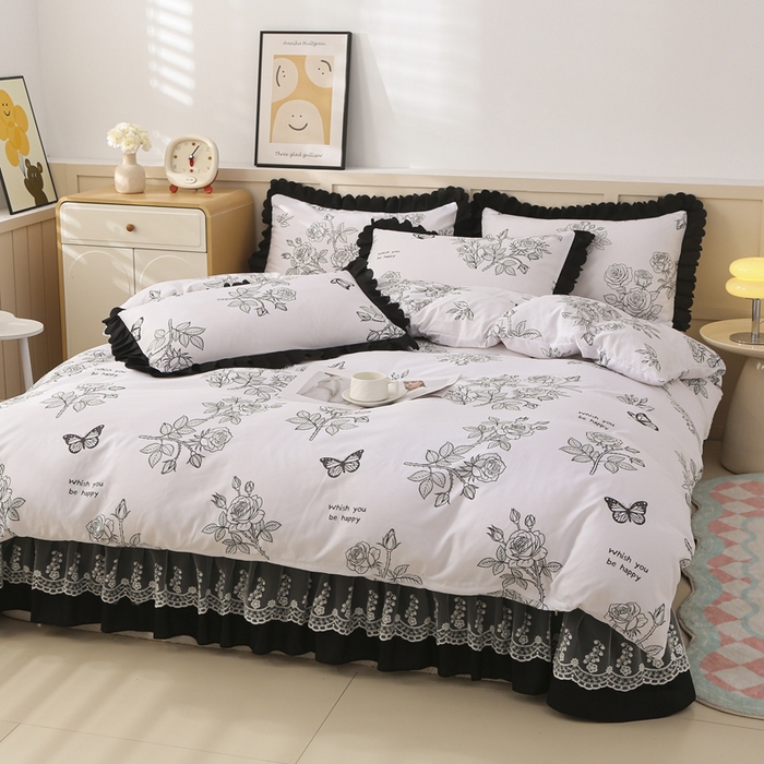 91家纺网 家纺一手货源 找家纺 铠畅  2025新款法式花边云朵棉床盖款夏被四件套 暗香