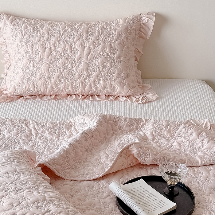 91家纺网 家纺一手货源 找家纺 佳汐蓝家纺2025春夏新品60天丝夹棉床盖多用 素客-桃喜粉