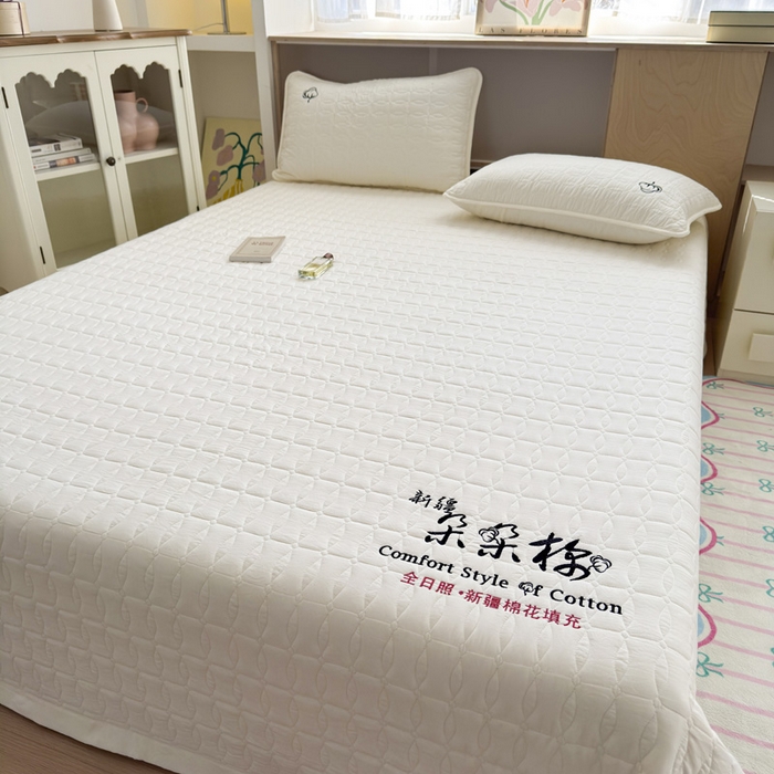 91家纺网 家纺一手货源 找家纺 云雀 2025新款A类加棉刺绣棉花床笠+盖毯 棉花盖毯-米白