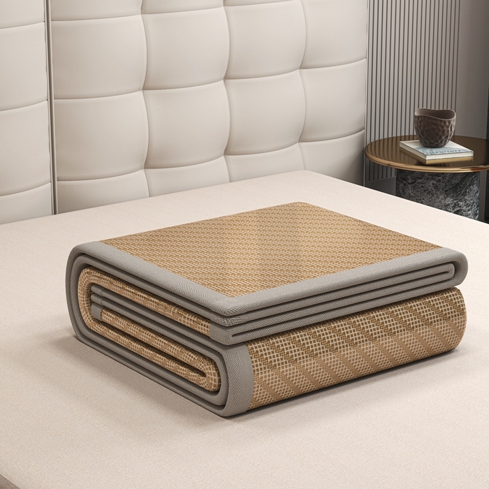 91家纺网 家纺一手货源 找家纺 欧邦 2025春夏新款水某星同款斜纹提花冰丝席三件套 凉席款-深咖