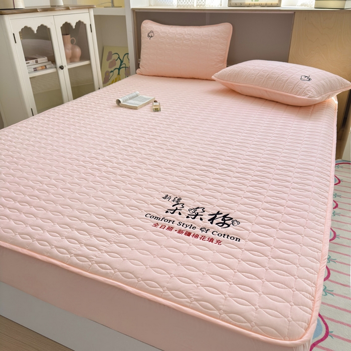 91家纺网 家纺一手货源 找家纺 云雀 2025新款A类加棉刺绣棉花床笠+盖毯 棉花床笠-玉粉