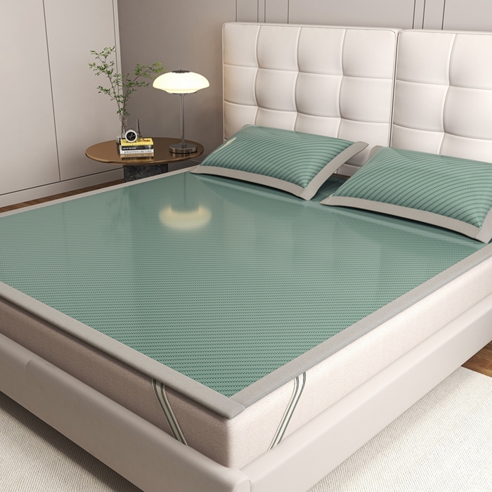 91家纺网 家纺一手货源 找家纺 欧邦 2025春夏新款水某星同款斜纹提花冰丝席三件套 凉席款-松绿