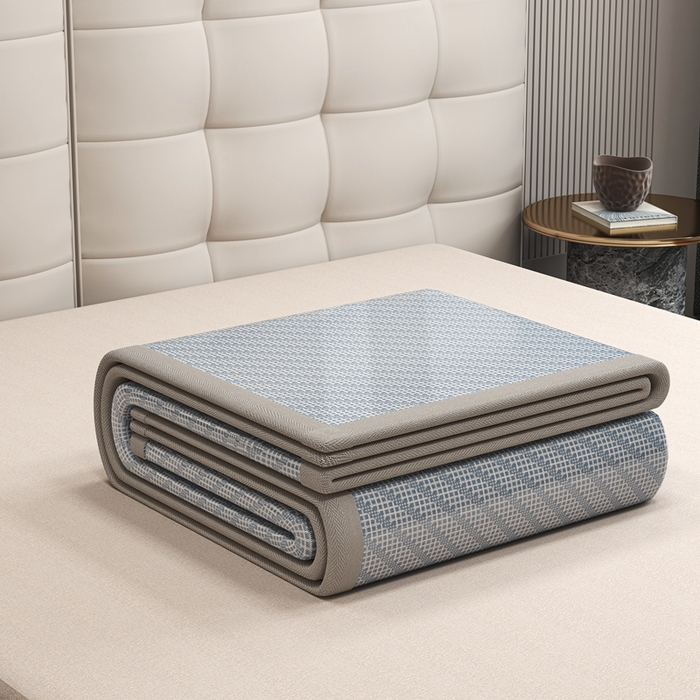 91家纺网 家纺一手货源 找家纺 欧邦 2025春夏新款水某星同款斜纹提花冰丝席三件套 凉席款-水蓝