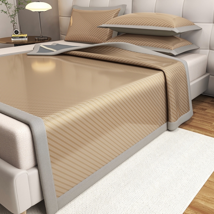 91家纺网 家纺一手货源 找家纺 欧邦 2025春夏新款水某星同款斜纹提花冰丝席三件套 凉席款-深咖