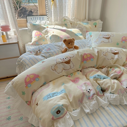 91家纺网 家纺一手货源 找家纺 （总）六巷胡同 2025新款韩式INS卡通减龄花边款全棉四件套（第三系）