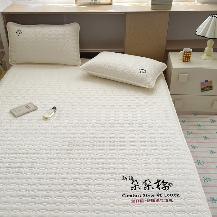 91家纺网 家纺一手货源 找家纺 云雀 2025新款A类加棉刺绣棉花床笠+盖毯 棉花床笠-米白