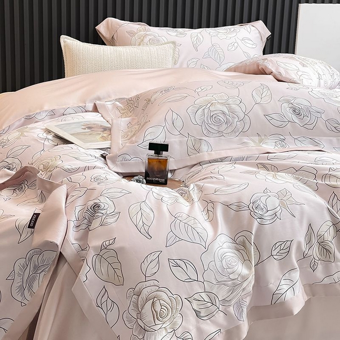 91家纺网 家纺一手货源 找家纺 2025新款夏季热款A类母婴级数码印花全棉四件套高端纯棉被套长绒棉床单床笠床上用品 沐熙-粉