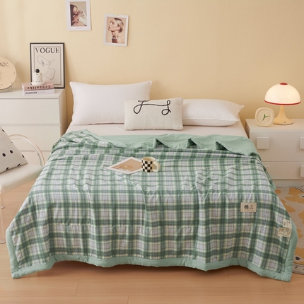 简冠家纺 2025新款水洗棉新疆棉花夏被 雾绿格
