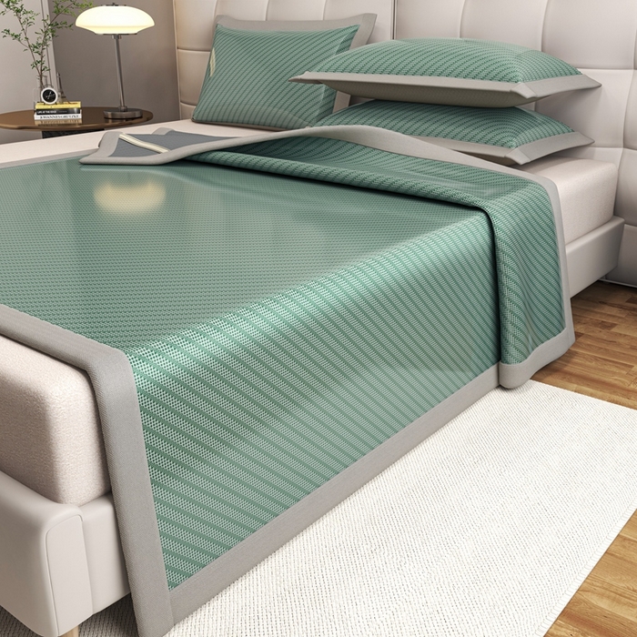 91家纺网 家纺一手货源 找家纺 欧邦 2025春夏新款水某星同款斜纹提花冰丝席三件套 凉席款-松绿