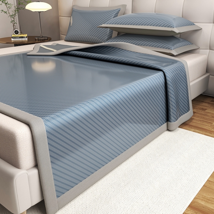 91家纺网 家纺一手货源 找家纺 欧邦 2025春夏新款水某星同款斜纹提花冰丝席三件套 凉席款-深蓝