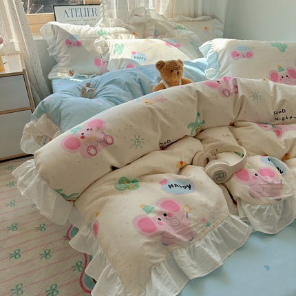 91家纺网 家纺一手货源 找家纺 （总）六巷胡同 2025新款韩式INS卡通减龄花边款全棉四件套（第三系）