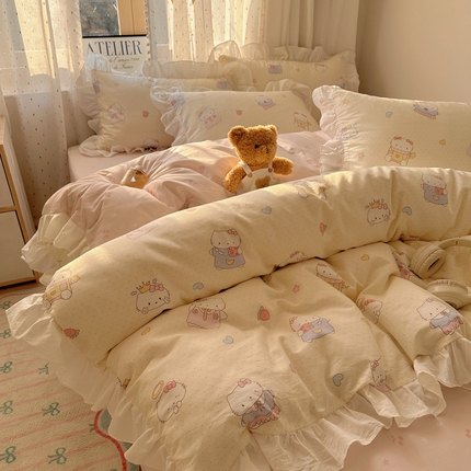 91家纺网 家纺一手货源 找家纺 （总）六巷胡同 2025新款韩式INS卡通减龄花边款全棉四件套（第三系）