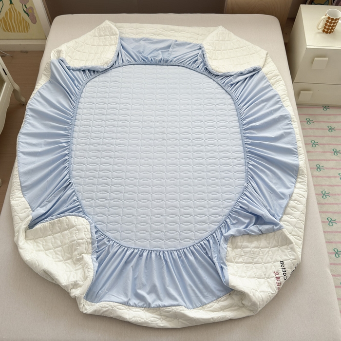 91家纺网 家纺一手货源 找家纺 云雀 2025新款A类加棉刺绣棉花床笠+盖毯 棉花床笠-浅蓝