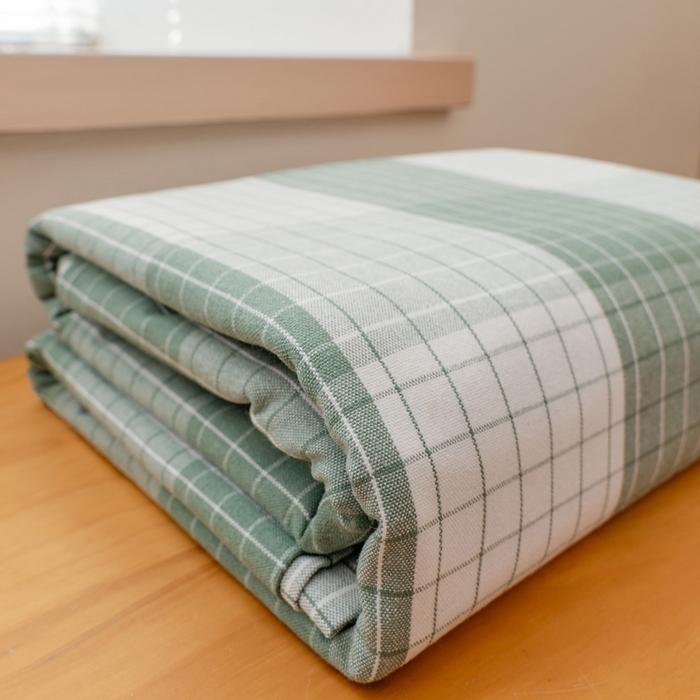 91家纺网 家纺一手货源 找家纺 居美良品 2025新款A类传统非遗手工粗布凉席三件套100%全棉色织床单 素雅- 绿格