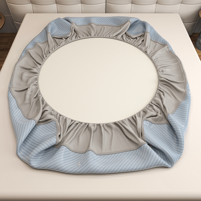 91家纺网 家纺一手货源 找家纺 欧邦 2025春夏新款水某星同款斜纹提花冰丝席三件套 床笠款-水蓝