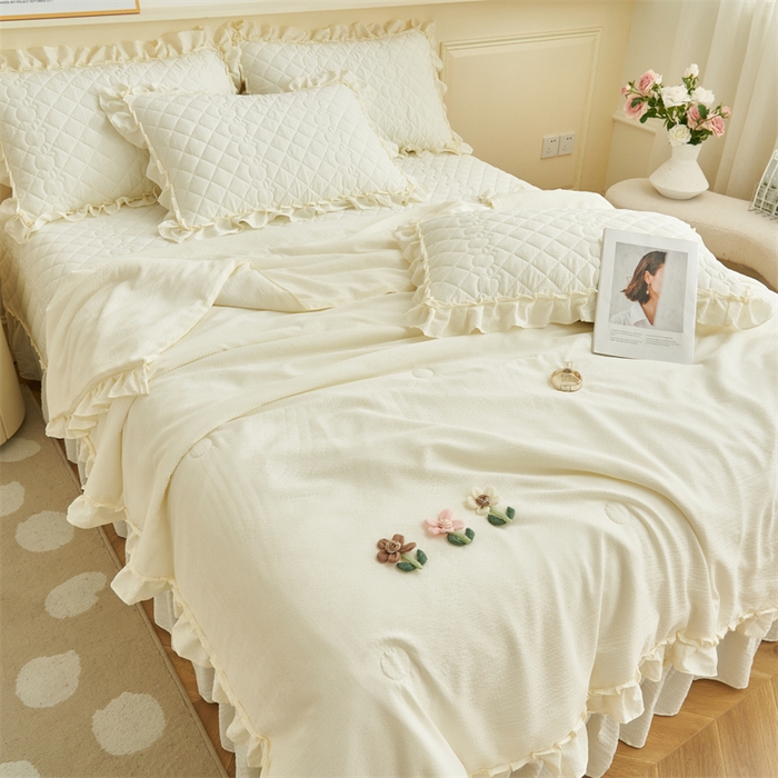 91家纺网 家纺一手货源 找家纺 恒爱家纺 2025新款A类泡泡纱夏被夏凉被空调被四件套-杜鹃 象牙白