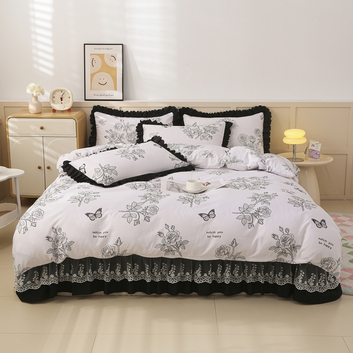 91家纺网 家纺一手货源 找家纺 铠畅  2025新款法式花边云朵棉床盖款夏被四件套 暗香