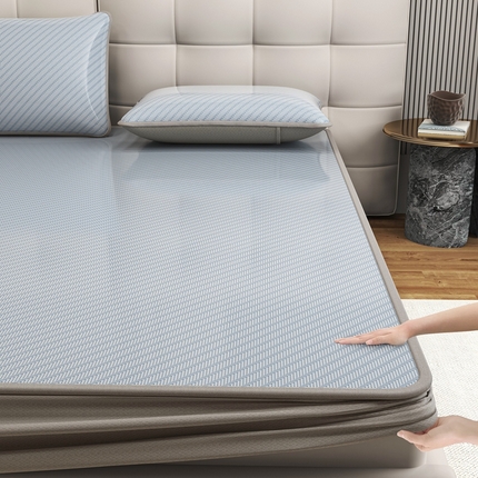 欧邦 2025春夏新款水某星同款斜纹提花冰丝席三件套 床笠款-水蓝