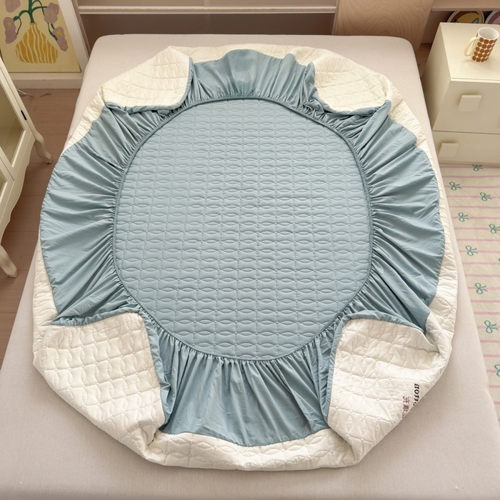 91家纺网 家纺一手货源 找家纺 云雀 2025新款A类加棉刺绣棉花床笠+盖毯 棉花床笠-雾霾蓝