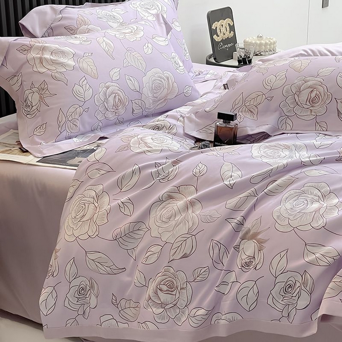 91家纺网 家纺一手货源 找家纺 2025新款夏季热款A类母婴级数码印花全棉四件套高端纯棉被套长绒棉床单床笠床上用品 沐熙-紫