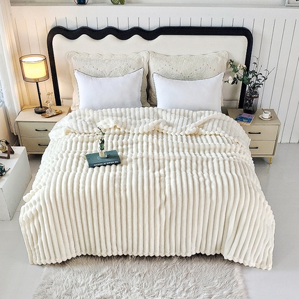 美洲琳 2025新款仿兔毛大泡泡宽抽条毛毯毯子 白色