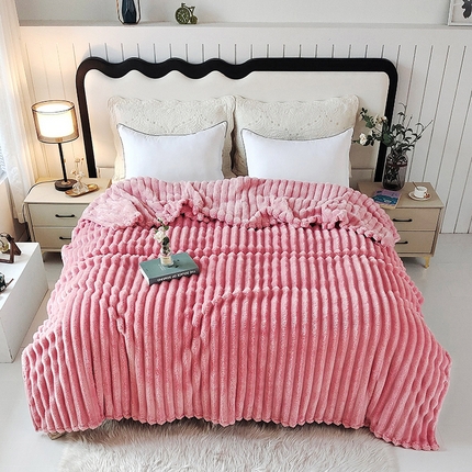 美洲琳 2025新款仿兔毛大泡泡宽抽条毛毯毯子 粉色
