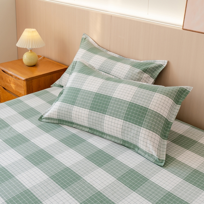 91家纺网 家纺一手货源 找家纺 居美良品 2025新款A类传统非遗手工粗布凉席三件套100%全棉色织床单 素雅- 绿格