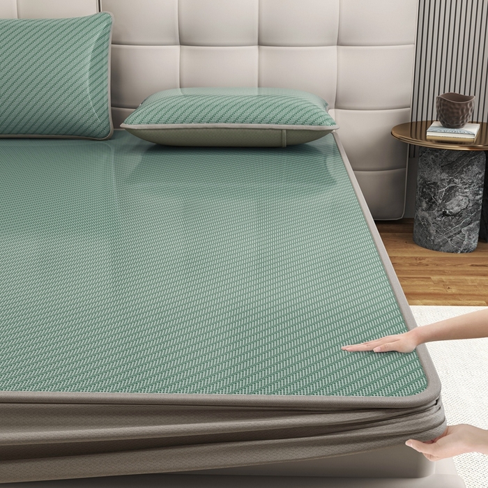 91家纺网 家纺一手货源 找家纺 欧邦 2025春夏新款水某星同款斜纹提花冰丝席三件套 床笠款-松绿