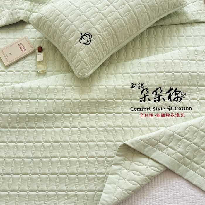 91家纺网 家纺一手货源 找家纺 云雀 2025新款A类加棉刺绣棉花床笠+盖毯 棉花盖毯-豆绿