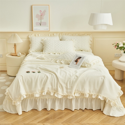 91家纺网 家纺一手货源 找家纺 恒爱家纺 2025新款A类泡泡纱夏被夏凉被空调被四件套-杜鹃 象牙白