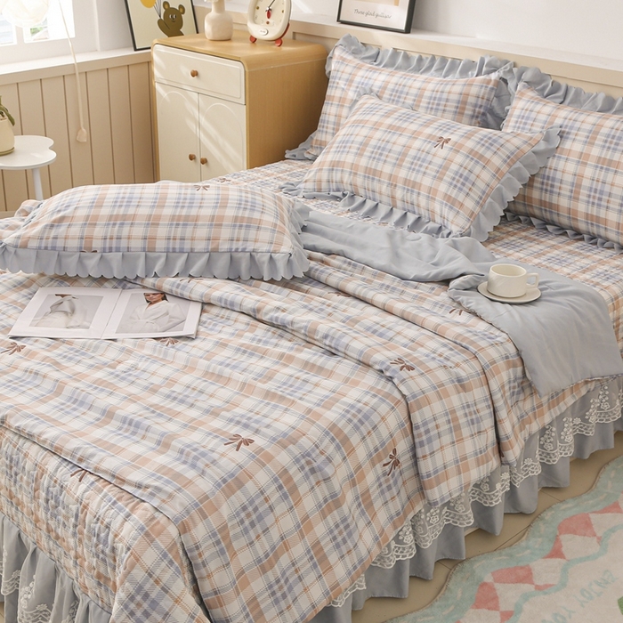 91家纺网 家纺一手货源 找家纺 铠畅  2025新款法式花边云朵棉床盖款夏被四件套 格兰情调