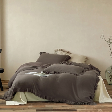 例外Home 2025新款皱皱流苏系列四件套 流苏-黑茶米白底