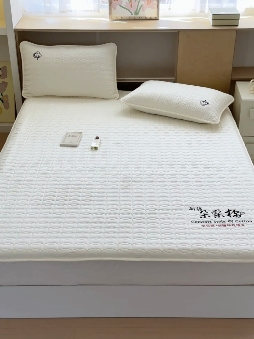 91家纺网 家纺一手货源 找家纺 云雀 2025新款A类加棉刺绣棉花床笠+盖毯 棉花床笠-米白